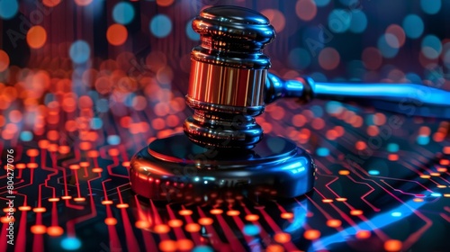 The photo shows a judge's gavel resting on a soundboard with a binary code pattern in the background.
