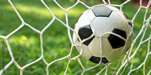 A soccer ball rests inside the net of a soccer goal on a football field.