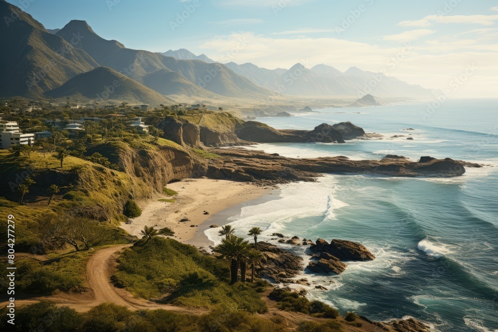 Landscape of Oman. Beautiful beach with a rocky shoreline and mountains in the background. Generative AI Art. Landscape of Oman. Beautiful beach with a rocky shoreline and mountains in the background. Generative AI Art.