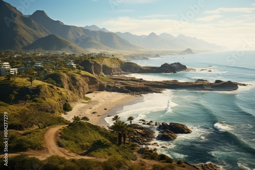 Landscape of Oman. Beautiful beach with a rocky shoreline and mountains in the background. Generative AI Art.