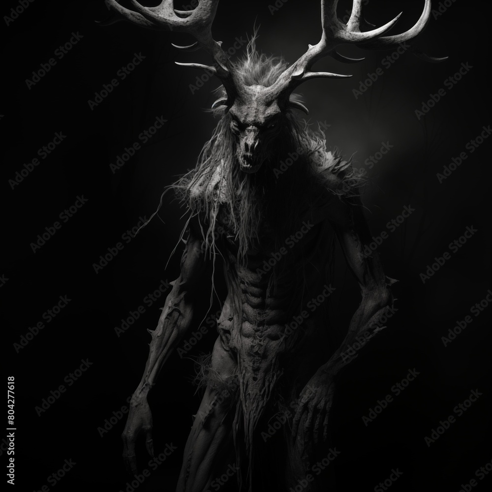 Black and White Illustration of a Wendigo on a Black Background Black and White Illustration of a Wendigo on a Black Background