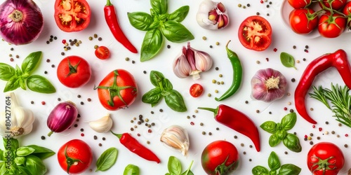 Artfully arranged ingredients; tomatoes, garlic, basil, peppers, eggplant, a feast for the eyes and the palate.
