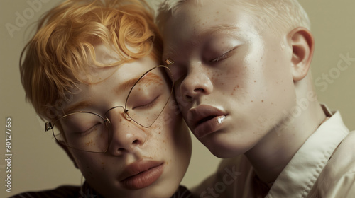 Two handsome young albino men in love. The girl on the left has red hair, and the guy on the right has white hair. Albinism is a hereditary disease