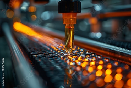 A detailed view of an automated process where a machine is systematically filling vials with a yellow substance photo