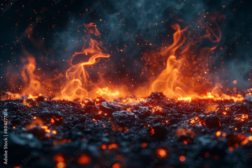Vivid portrayal of burning embers and leaping flames against a dark, shadowy background, emphasizing the contrast
