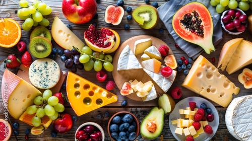 A vibrant spread of exotic fruits and cheeses on a rustic wooden table