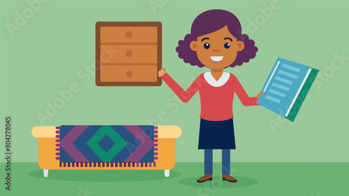 A thrifty teacher proudly showed off their recently acquired classroom rug found at a thrift store for a fraction of the original price.. Vector illustration