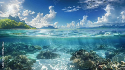 Vibrant underwater seascape featuring a coral reef and clear blue waters near a tropical beach with mountains