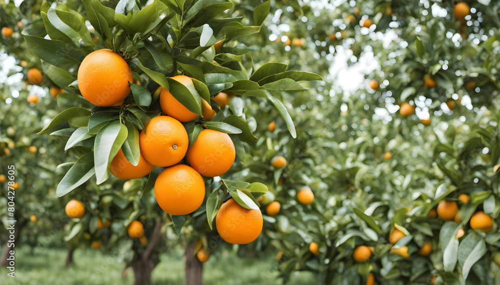 Fresh orange fruit on tree at orchard