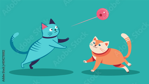 Two playful cats leap and bound as they chase the laser dot taking turns trying to outsmart the clever toy.. Vector illustration