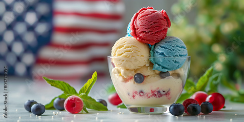 Delicious, fresh and sweet seasoned red, blue and white on the background of the national American flag. The concept of Independence Day on July 4th