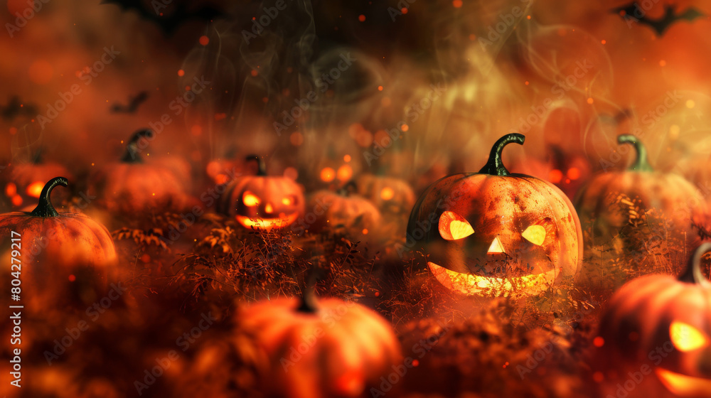 Naklejka premium Scene of mysteriously illuminated pumpkins scattered across misty field, depicting the Halloween aura
