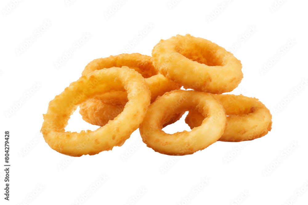 The Golden Tower: A Pile of Crunchy Onion Rings. On a White or Clear Surface PNG Transparent Background.