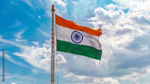 Majestic Indian Flag Waving Against Blue Sky with Sunrays photo