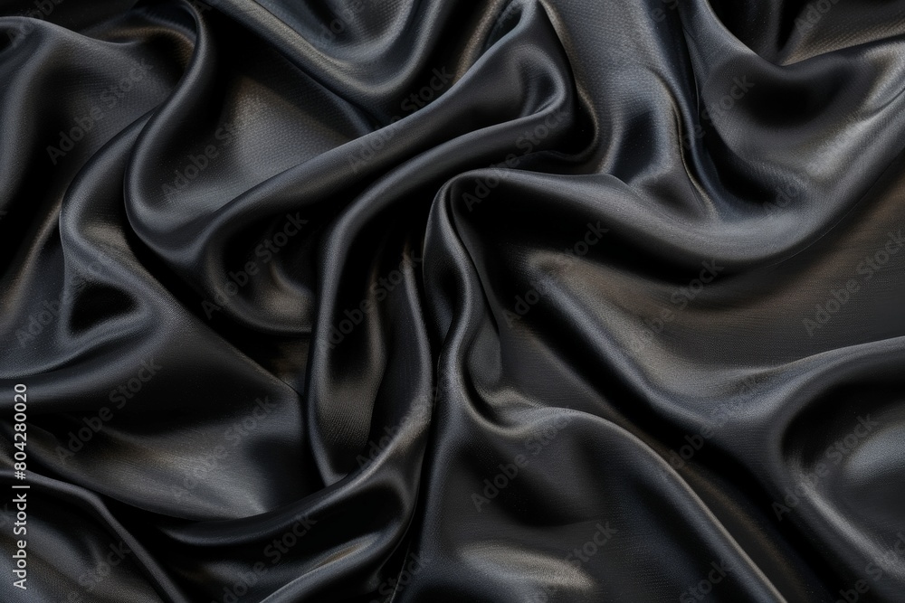 Detailed close-up view of a smooth black satin fabric, showing its elegant sheen and texture up close