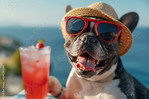 French Bulldog Enjoying a Sunny Day with Strawberry Drink and Sunglasses by the Ocean.