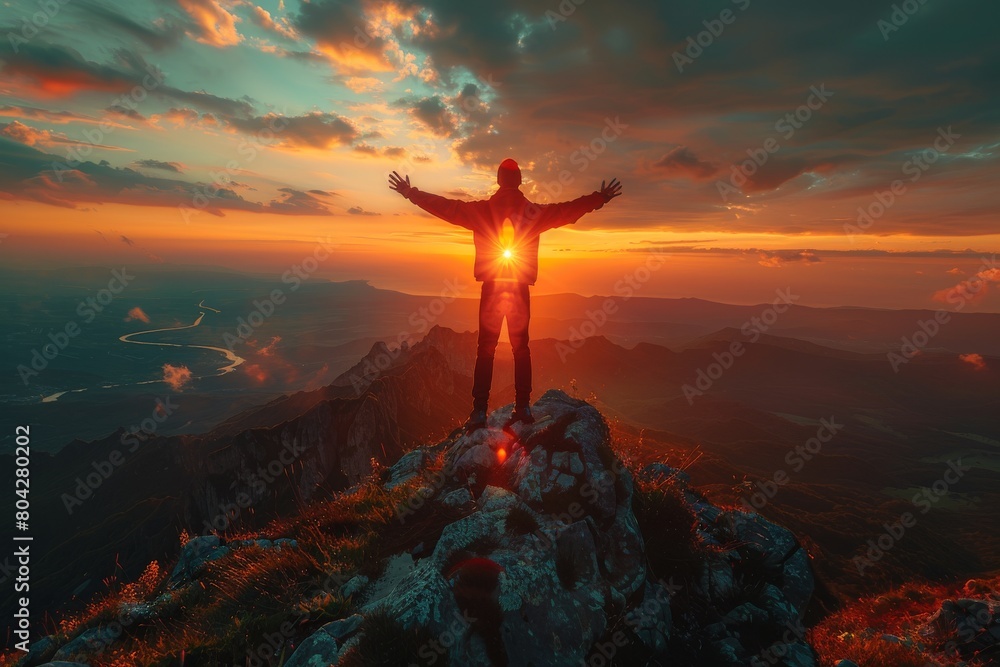 An awe-inspiring capture of a person embracing the sunrise atop a mountain, signaling a new beginning