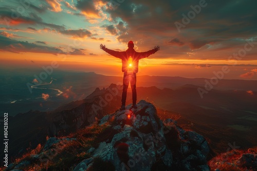 An awe-inspiring capture of a person embracing the sunrise atop a mountain  signaling a new beginning