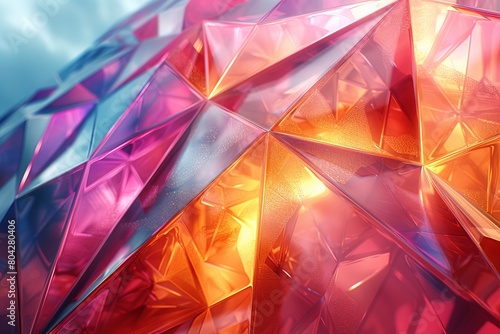 A visually striking image of a vibrant pink and blue geometric structure showing reflections and transparencies photo