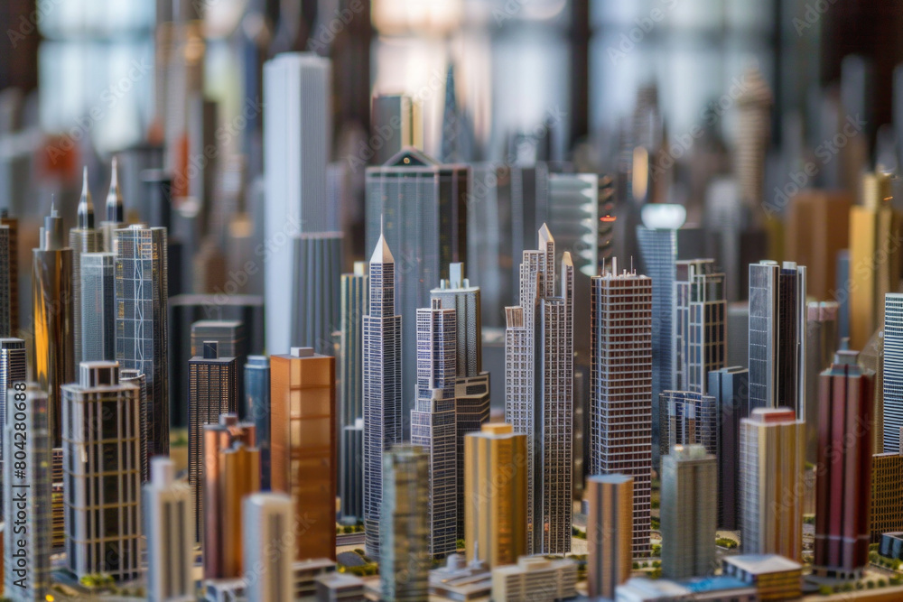 A collection of modern architectural models or miniature skyscrapers made from metal or acrylic, arranged in a grid pattern on a plain surface.