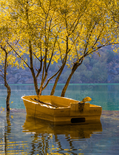 Yellow Boat in the Shadow of Autumn Tree at the Uppar Kachura Lake, Skardu