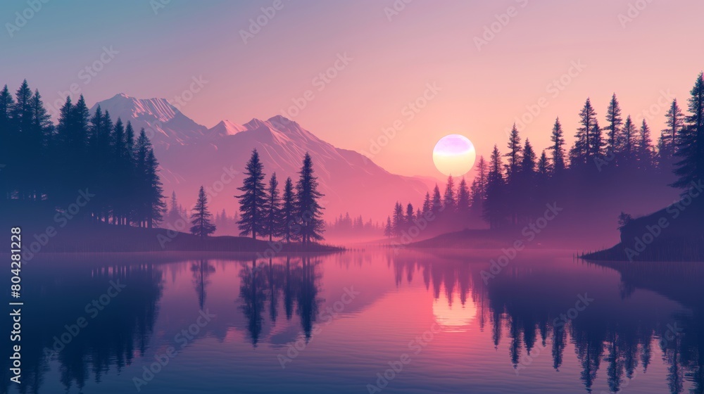 Fototapeta premium Sun setting over lake with trees, mountains creating natural landscape