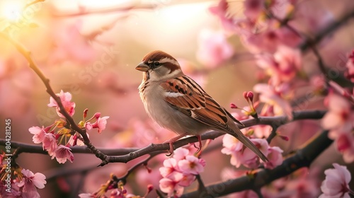 Sparrow on a branch with pink flowers
