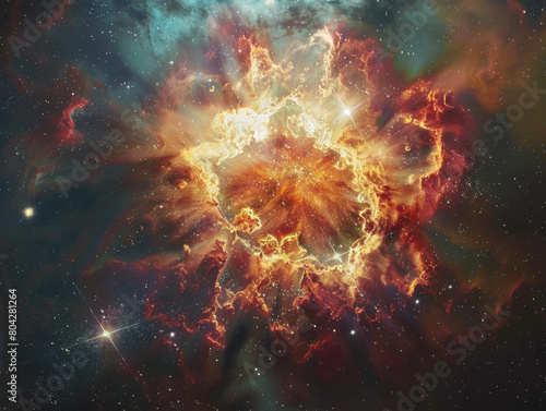 A spectacular burst of colors depicts a vast cosmic explosion, illuminating the starry expanse of the galaxy with fiery hues