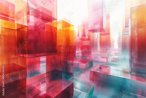 Bright and vibrant abstract representation of glass buildings creating a concept art piece with a focus on color and form