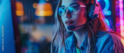 Beautiful Professional Gamer Girl Playing First-Person Shooter Online Video Game on Her Personal Computer. Cute, casual Geek wearing glasses and speaking into headset. Vertical shot. photo