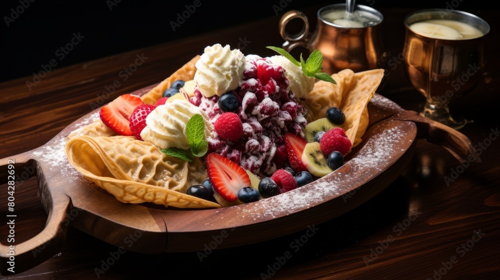 Wooden tray with pancakes and fruits with ice cream. Wooden tray with pancakes and fruits with ice cream.