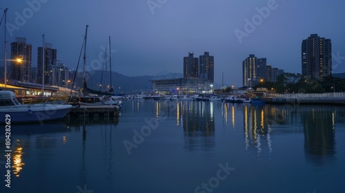 A twilight harbor, where the first lights of evening begin to illuminate the waterfront © yuchen