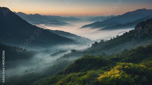 sunset over the mountains Misty Mountains Dawn's Tranquil Embrace