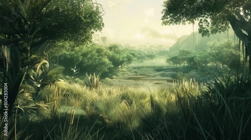 Serene Tropical Jungle Landscape at Sunrise