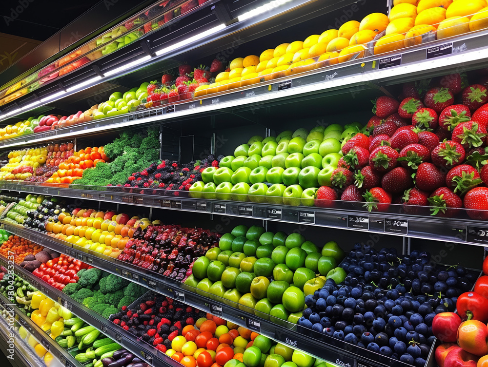A vibrant and well-organized array of various fruits on shelves in a supermarket, showcasing freshness and abundance