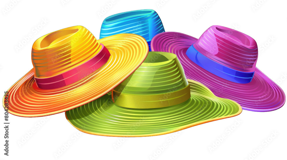 A picture of four colorful straw hats, each with a different colored ribbon. The perfect summer accessory in isolated on transparent background A picture of four colorful straw hats, each with a different colored ribbon. The perfect summer accessory in isolated on transparent background