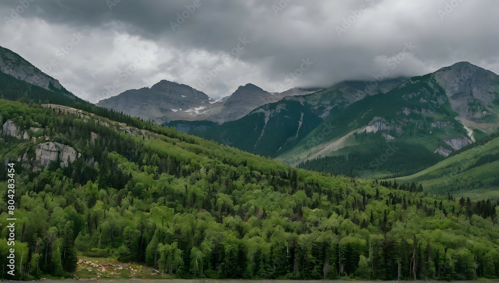 high rocky mountains covered with green trees under the cloudy sky