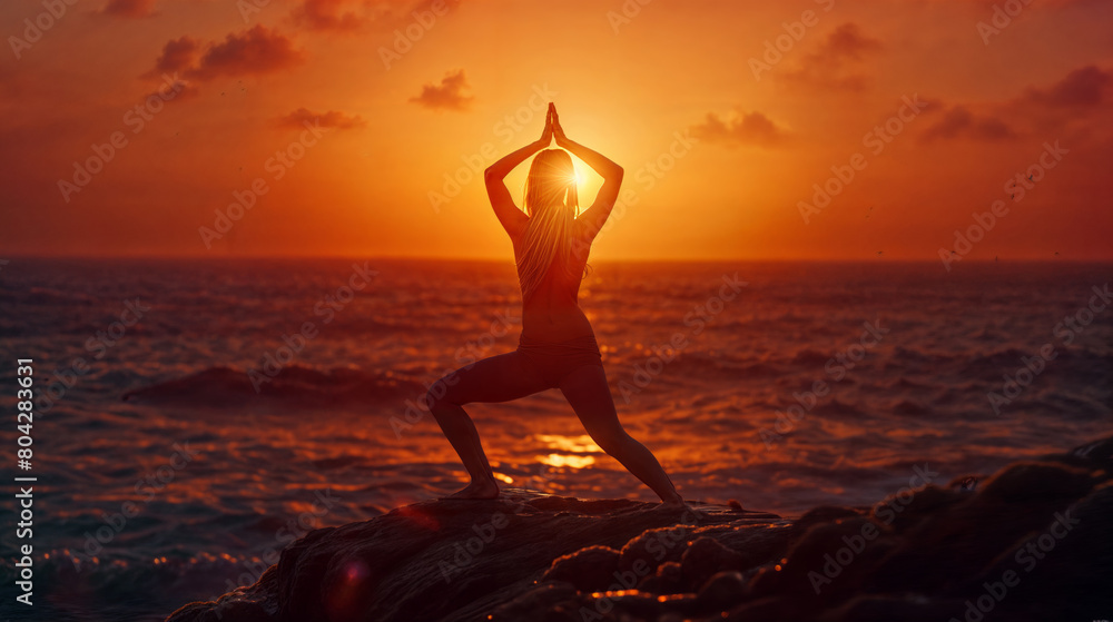 AI generated illustration of a woman striking a pose on a rock at sunset