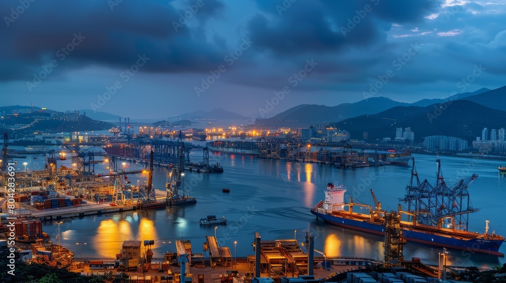 A vibrant harbor scene at dusk, with the glowing lights of the city reflecting off the rippling water and casting a warm glow over the bustling port