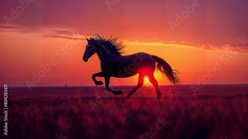 AI generated illustration of a horse running on grass at sunset