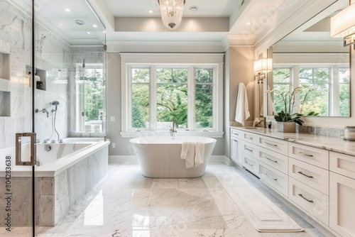 A luxurious bathroom with a freestanding bathtub.