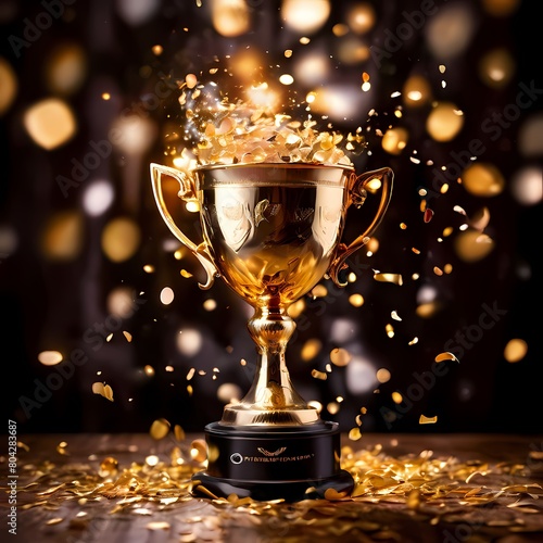 Golden winner trophy with falling confetti with dark background, Ai Generated