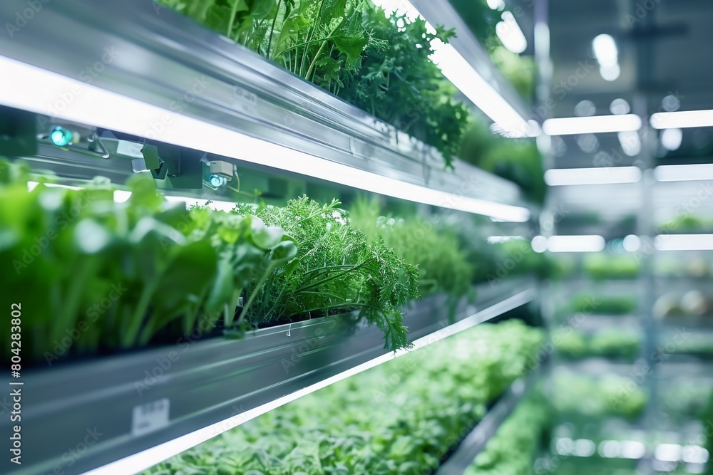 A vertical farm with stacked layers of plants growing under LED lights. A vertical farm with stacked layers of plants growing under LED lights.