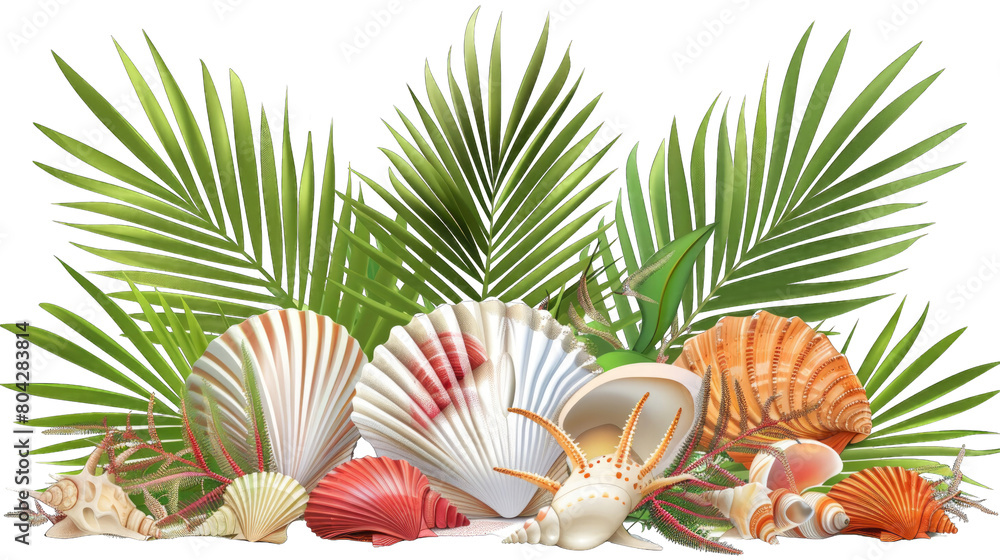 Shells and starfish on the beach with blurred palm leaves in isolated on transparent background Shells and starfish on the beach with blurred palm leaves in isolated on transparent background
