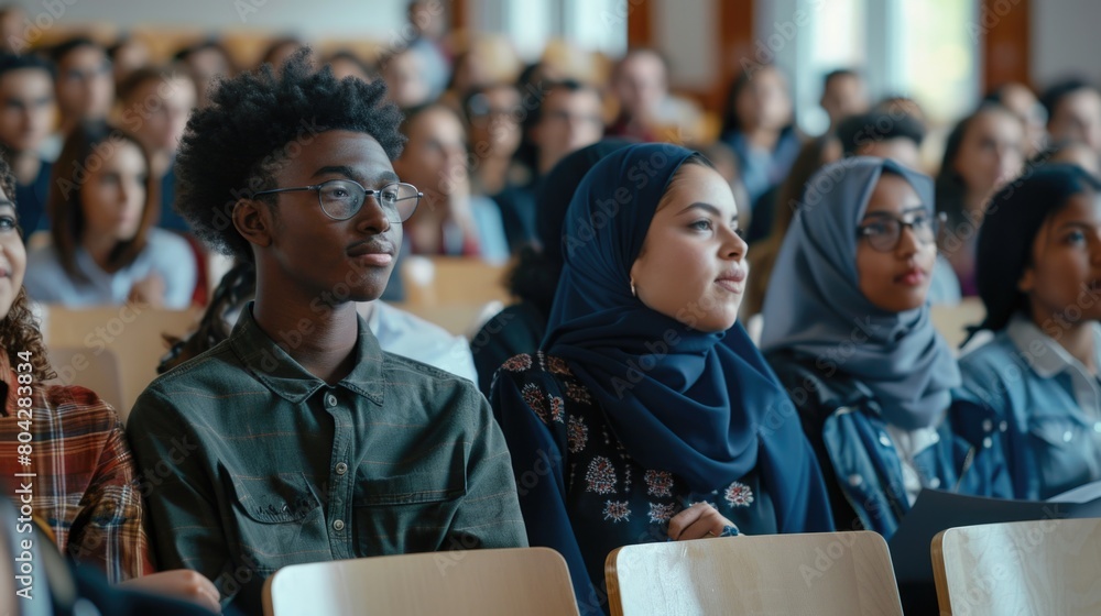 Multiethnic group of university students in lecture hall Multiethnic group of university students in lecture hall