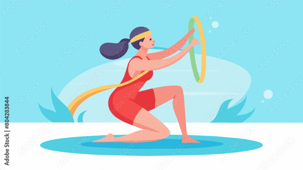 A woman in a flowy swim dress using a pool noodle to do water squats her hair gleaming in the sunlight as she enjoys a rejuvenating and lowimpact. Vector illustration