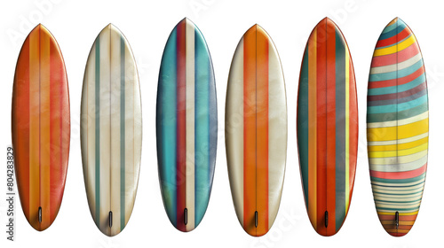 Surfboards with different colors and patterns in isolated on transparent background © Pungu x
