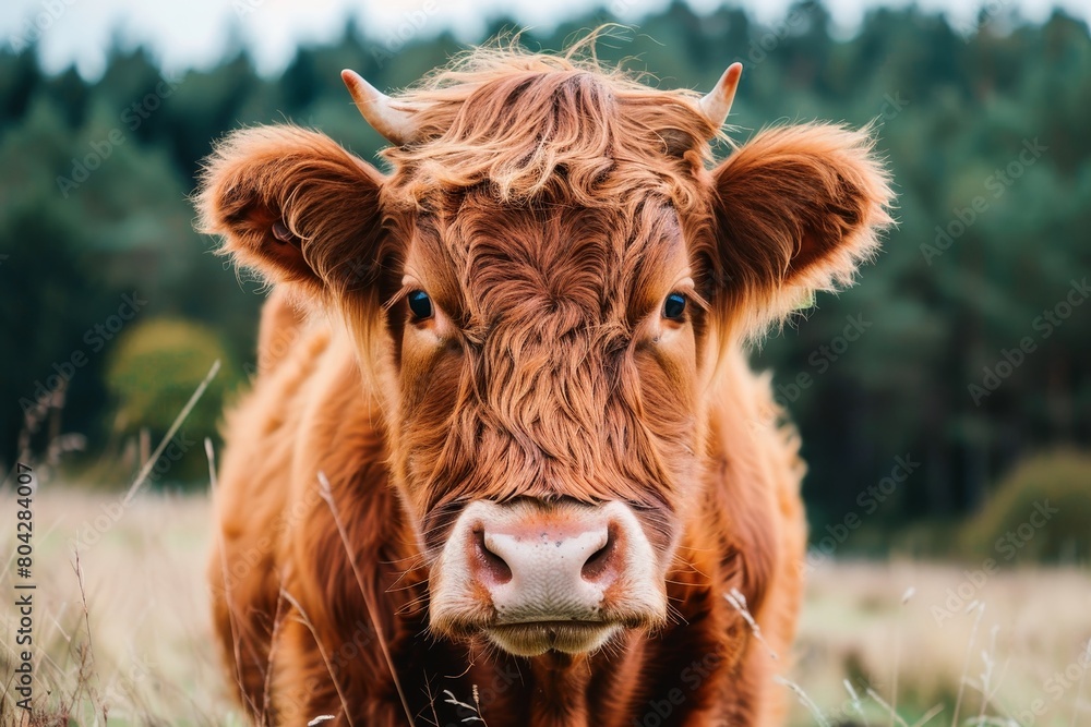 Close up portrait of a highland cow on a meadow. Close up portrait of a highland cow on a meadow.