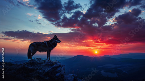 AI generated illustration of a dog standing on a cliff with the sun setting in the background © Wirestock