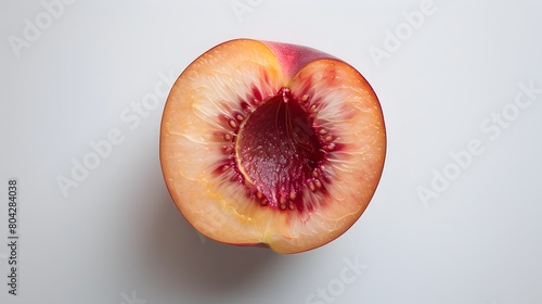 a half of  ripe nectarine, beautifully detailed and centered on a stark white background.